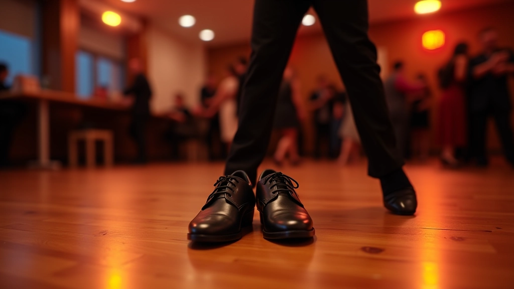 Close-up of dance shoes on wooden floor with event poster in background at social dance gathering