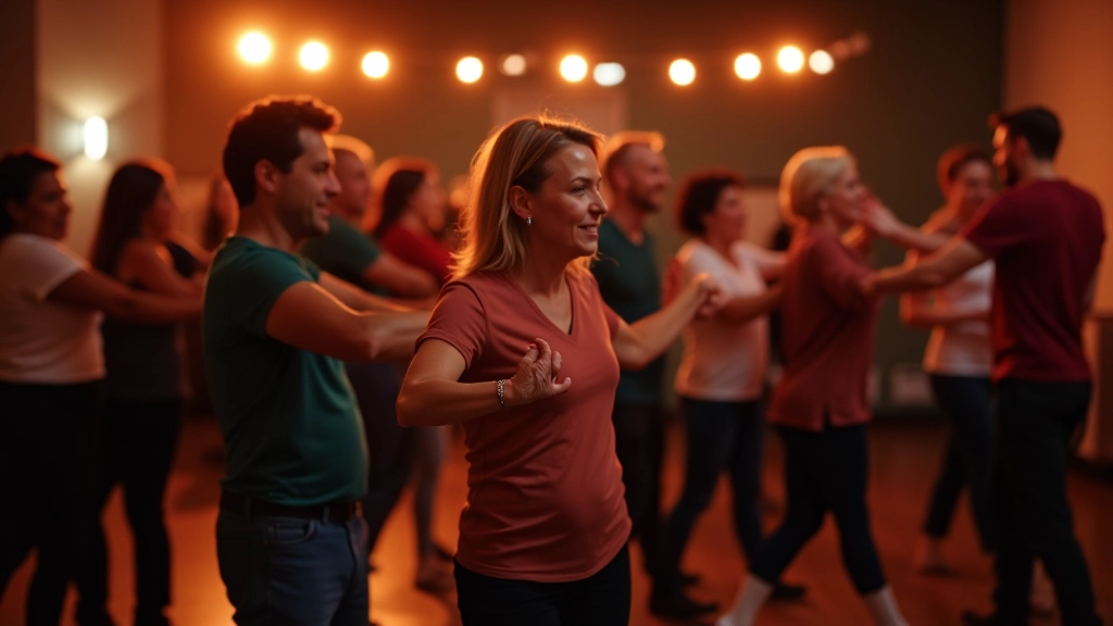 Group of adults at salsa event in Tartu, dancing and socializing in modern dance studio